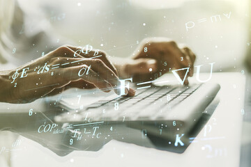 Creative scientific formula illustration with hands typing on computer keyboard on background, science and research concept. Multiexposure