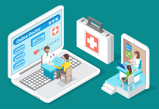 Isometric image of male doctor and male patient. Visit of female patient to female therapist. First aid. Online medical consultation and online doctor conception. Laptop with cartoon medicine theme