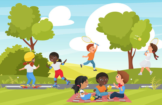 Children play in summer park vector illustration. Cartoon group of little kids playing badminton, happy child skating and skateboarding in playground of recreation park or garden landscape background
