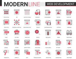 Web development red black flat line icon vector illustration set. Outline website mobile app developing symbols collection of optimization for webpage content, user interface design application