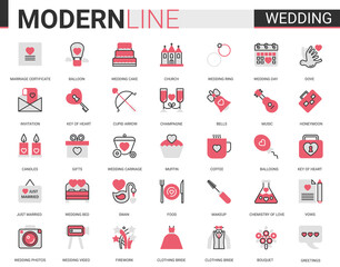 Wedding red black flat line icon vector illustration set. Outline symbols for wedding ceremony and bridal party organization, linear collection of bride clothes, jewelry rings, cake balloon flowers