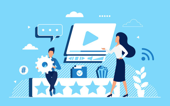 Video rate feedback concept vector illustration. Cartoon online promotion video presentation with tiny customer characters and experience rating stars, modern social media recommendation background