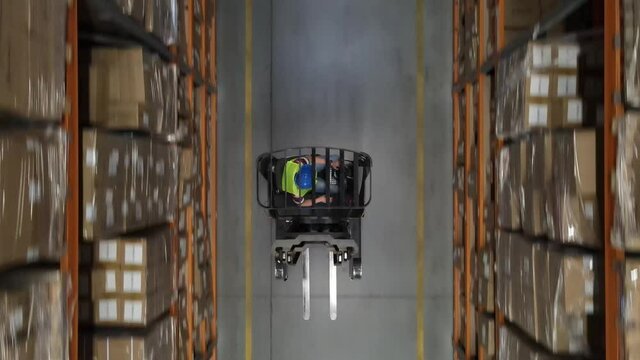 Aerial view of forklift truck in a warehouse