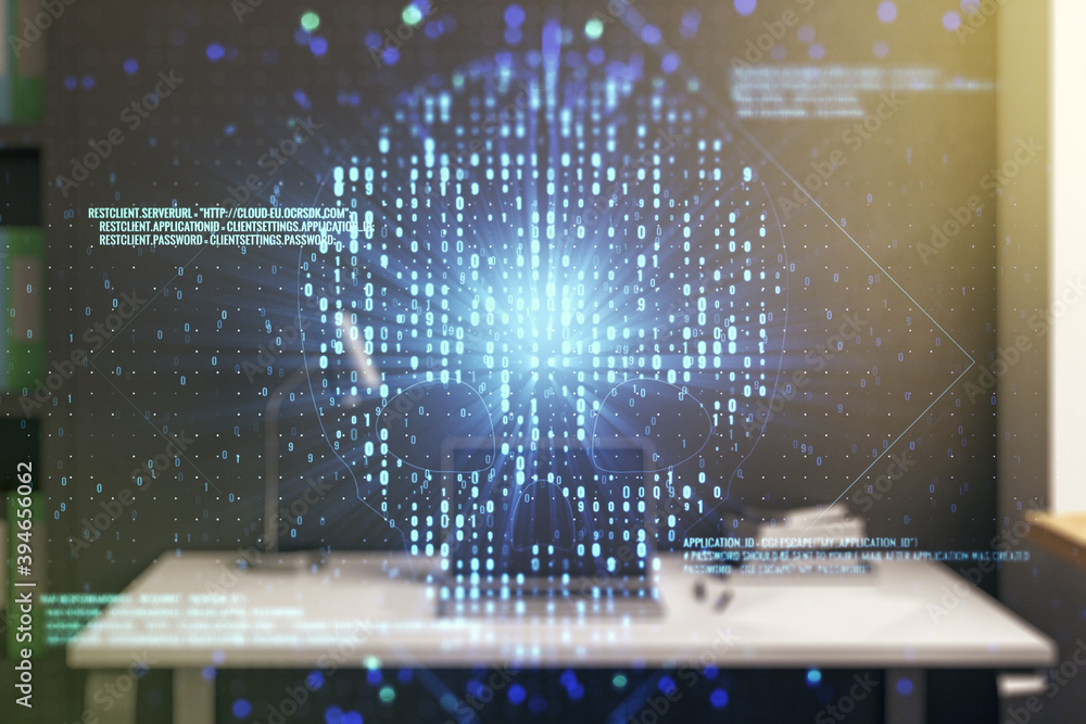 Poster creative concept of code skull illustration and modern desktop with computer on background. hacking 