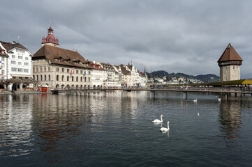 Wooden Chapel Bridge and Water Tower in Lucerne, Switzerland