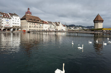 Wooden Chapel Bridge and Water Tower in Lucerne, Switzerland