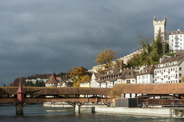 Naklejka premium medieval house and tower in the old town of Lucerne, Switzerland