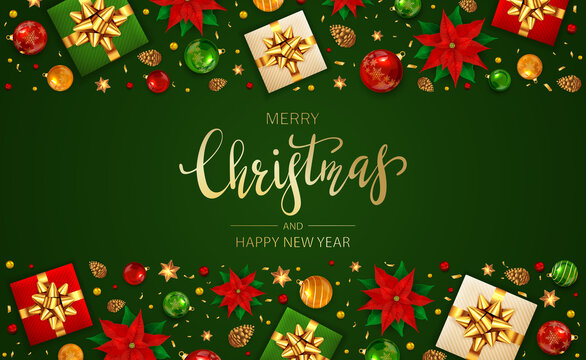 Merry Christmas and Decorative Elements on Green Background