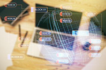 Double exposure of abstract programming language with world map on laptop background, research and development concept