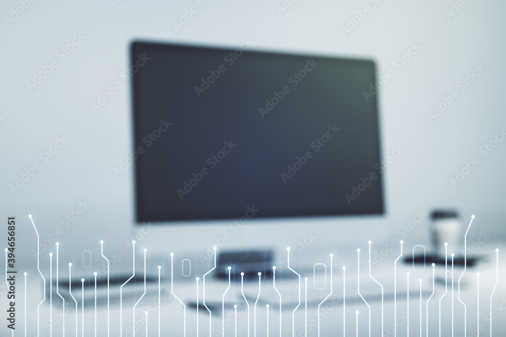 Poster Creative abstract micro chip hologram on modern computer background, artificial intelligence and machine learning concept. Multi exposure