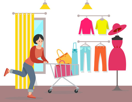Young beautiful fashion shopper girl in the store. Female character with bags for purchases in the shopping cart. Woman shopping in the boutique. Selling clothes, accessories and shoes for clients