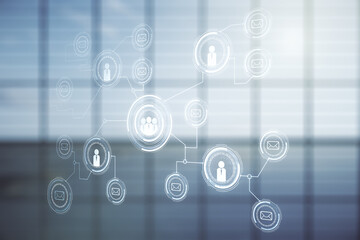 Abstract virtual social network hologram on modern interior background. Double exposure