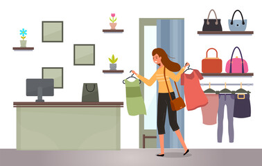 The girl with a hangers with t-shirts in her hands shopping. Buyer is selecting clothes in a store. Young beautiful fashion girl isolated on white background. Woman goes to the checkout with purchases