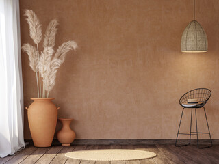 Local style empty room with blank orange wall 3d render,There are old wood floor decorate with black metal chair and terracotta jar with dry reed flower.