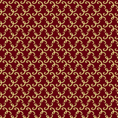 Decorative vintage texture with gold flourish on a red background. Christmas luxury design for wrapping paper, winter textiles. Vector seamless pattern.