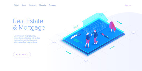 Real estate searching service app. Property mortgage or loan concept in isometric vector illustration. Home buying or property rent payment system. Web banner for finding house application.