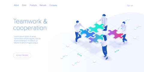 Teamwork concept vector illustration. Business team matching pieces of puzzle. Cooperation or partnership metaphor. Web banner. - obrazy, fototapety, plakaty
