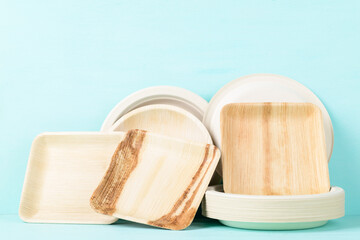 Biodegradable, Compostable, Disposable or Eco friendly utensil plate on pastel color background, Sustainable concept