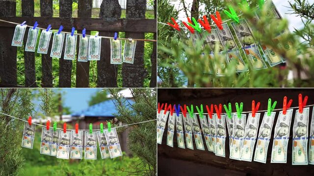Cash laundry concept. Split screen. Paper hundred dollar bills on a rope. One hundred US dollar bills hang and dry, attached with clothespins.