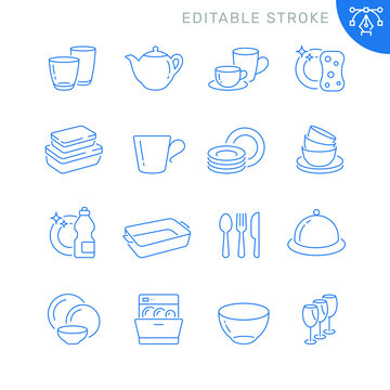 Dish And Plates Related Icons. Editable Stroke. Thin Vector Icon Set