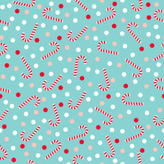 Christmas candy canes and confetti seamless pattern on pastel blue background.