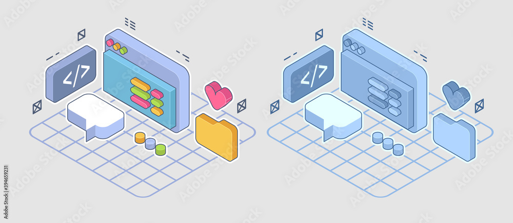 Poster abstract isometric concept app development. innovation in ui and software development. illustration 