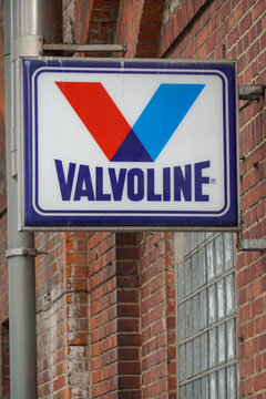 Berlin, Germany - April 3, 2019: Signage of Valvoline, American manufacturer and distributor of Valvoline-brand automotive oil, additives, and lubricants