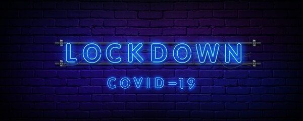 A neon glowing text letter sign with Covid-19 life on Lockdown. Vector illustration. Brick wall background