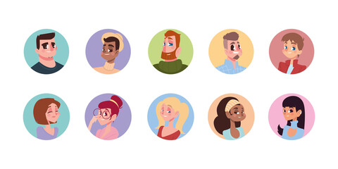 different men and women characters avatar in cartoon round icon