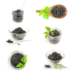 Collage of black caviar isolated on a white background