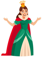 Standing joyful queen. Royal character in cartoon style.
