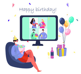 Birthday Party with Friends in Video Conference in Quarantine.Characters Celebrate Online Birthday Party in Mask during Covid 19.Self Isolation.Virtual Meeting With Friends.Flat Vector Illustration