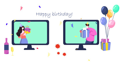 Birthday Party with Friends in Video Conference in Quarantine.Characters Celebrate Online Birthday Party in Mask during Covid 19.Self Isolation.Virtual Meeting With Friends.Flat Vector Illustration