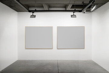 Gallery interior with empty frames on the wall. Museum and exhibition concept