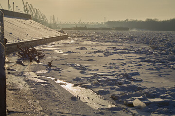 Embankment of the Irtysh river in Omsk in winter, in the evening. Russia.
