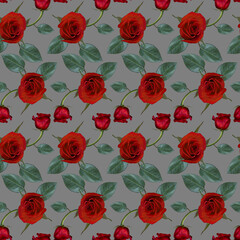 Seamless pattern with red rose flowers and green leaves on grey background. Endless colorful floral texture. Raster illustration.
