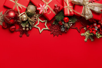Christmas banners with decorated stars with branches. With snow frames on a red background. Festive header design for your website