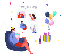 Birthday Party with Friends in Video Conference in Quarantine.Characters Celebrate Online Birthday Party in Mask during Covid 19.Self Isolation.Virtual Meeting With Friends.Flat Vector Illustration