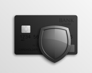 Protection shield Credit card. Safety badge banking icon. Defense safeguard finans icon. Security Plastic card software. Debit card guard electromagnetic chip. Privacy Electronic money funds transfer.