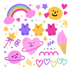 Vector hand drawn elements, Gummy bears, rainbow, faces, heart, wave, star, dot.