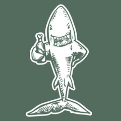 Vector poster of a shark with a bottle of beer. Stencil art style in two colors.