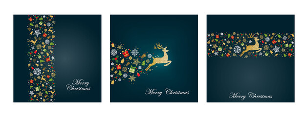 Pack of greeting cards with gold , red, green Christmas  deer, gifts, snowflakes, christmas tree on dark green background. Vector illustration. Gold holliday pattern