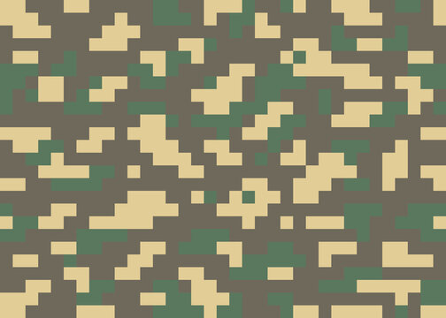 Camouflage repeating green pixel elements. Seamless texture, Vector illustration, background.