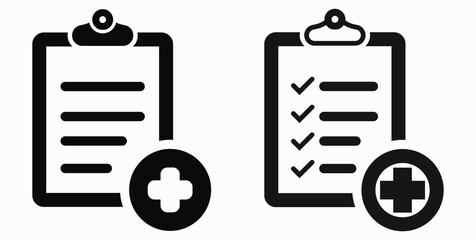 Medicine and list icon. Patient treatment. Medicines for the patient. Doctor's notes. Vector icon.