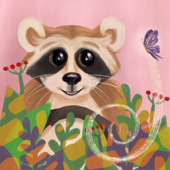 Cute raccoon with plants and a glittering butterfly on a pink background. Illustrarion\digital...