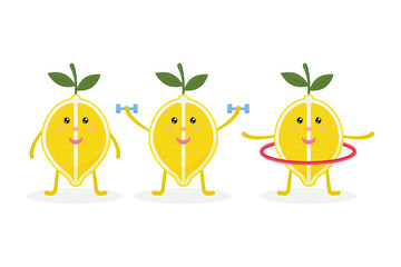 Lemon character vector set. Eating healthy and fitness. Funny food cartoon character vector set isolated on background.