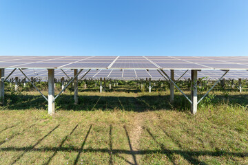 Solar panel on blue sky background. landscape of solar cell farm. Clean technology for better future.