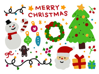 set of christmas elements, snowman, candy, tree, santa