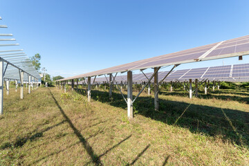 Fototapeta na wymiar Solar panel on blue sky background. landscape of solar cell farm. Clean technology for better future.