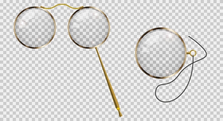 Gold monocle on a cord, gold lorgnette on the handle. 3D vector illustration - obrazy, fototapety, plakaty